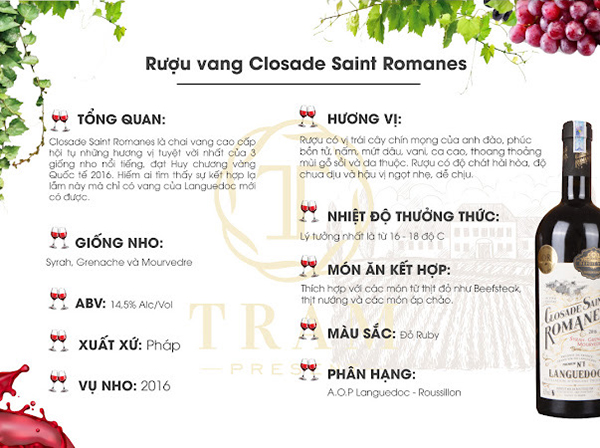 Rượu vang Closade Saint Romanes 14,5% - Pháp