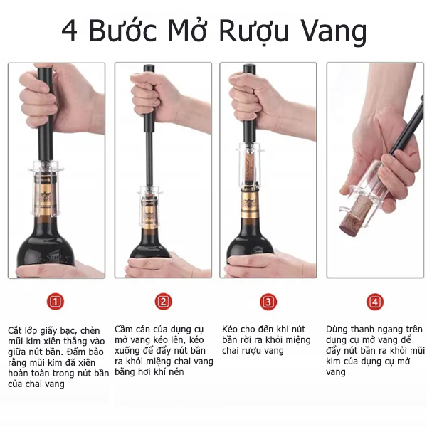 Cách mở rượu vang bơm hơi khí nén đơn giản